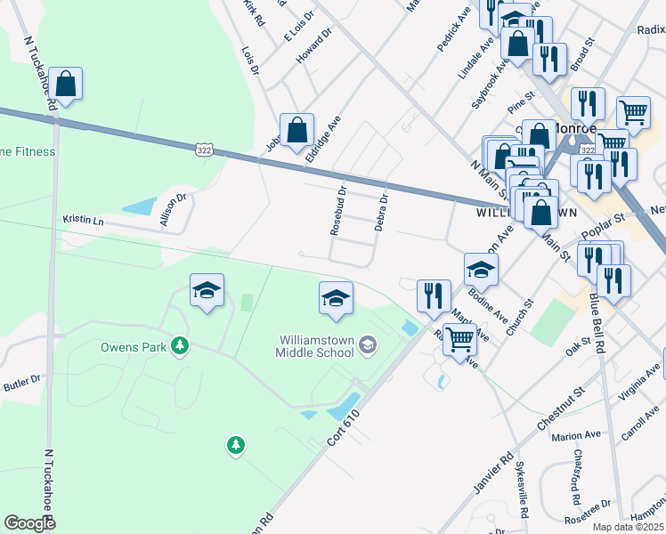 map of restaurants, bars, coffee shops, grocery stores, and more near 725 Debra Drive in Monroe