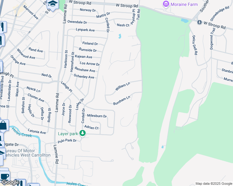 map of restaurants, bars, coffee shops, grocery stores, and more near 2050 William Lane in Dayton