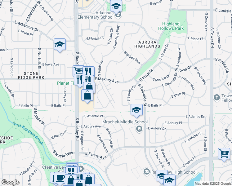 map of restaurants, bars, coffee shops, grocery stores, and more near 1850 South Quintero Way in Aurora