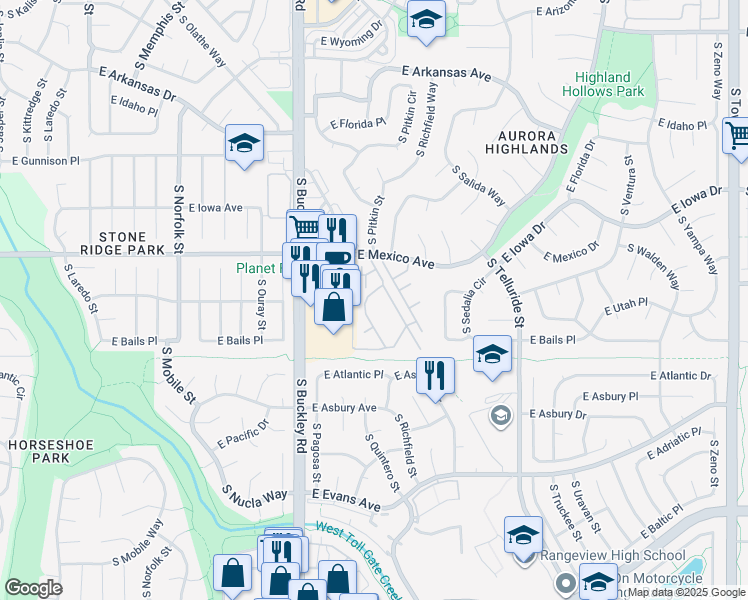 map of restaurants, bars, coffee shops, grocery stores, and more near 1789 South Pitkin Circle in Aurora