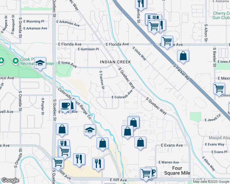 map of restaurants, bars, coffee shops, grocery stores, and more near 8055 East Colorado Avenue in Denver
