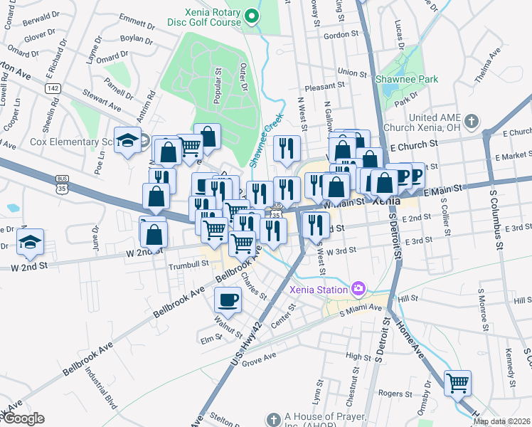 map of restaurants, bars, coffee shops, grocery stores, and more near in Xenia