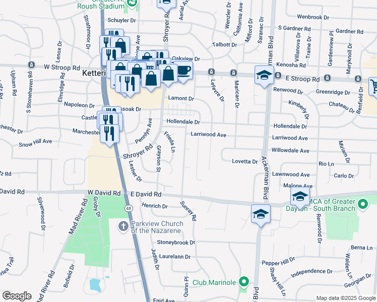 map of restaurants, bars, coffee shops, grocery stores, and more near 4325 Sunray Road in Dayton