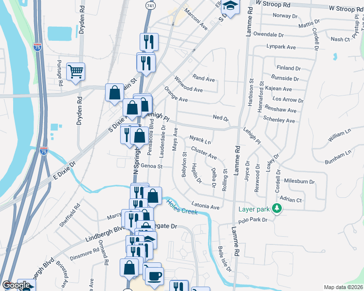 map of restaurants, bars, coffee shops, grocery stores, and more near 5034 Mays Avenue in Moraine