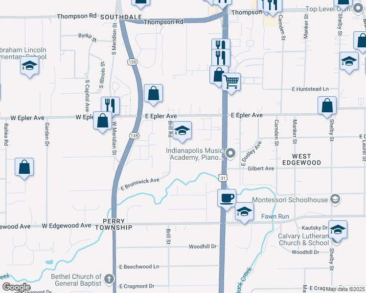 map of restaurants, bars, coffee shops, grocery stores, and more near 5701 Brill Rd in Indianapolis