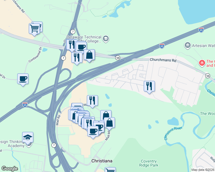 map of restaurants, bars, coffee shops, grocery stores, and more near 3203 Golf View Drive in Newark
