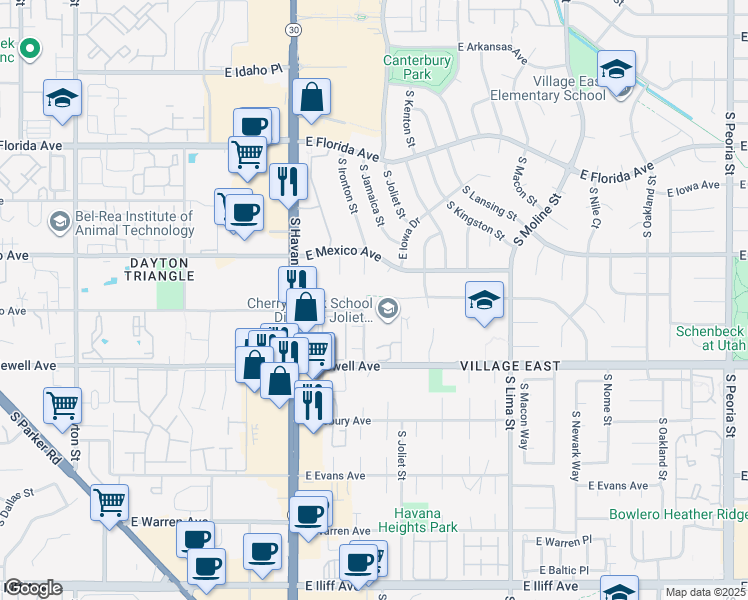 map of restaurants, bars, coffee shops, grocery stores, and more near 10826 East Colorado Drive in Aurora