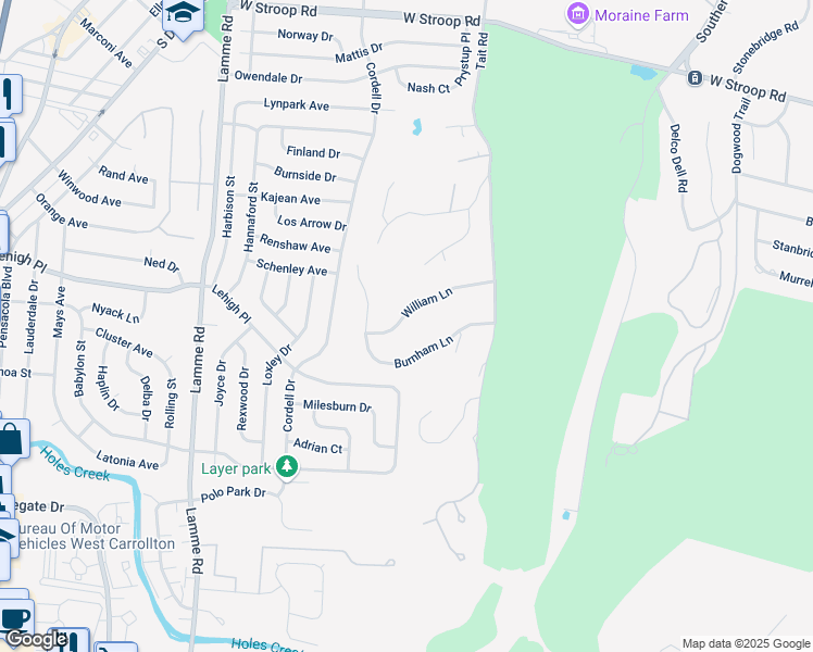map of restaurants, bars, coffee shops, grocery stores, and more near 2050 William Lane in Dayton