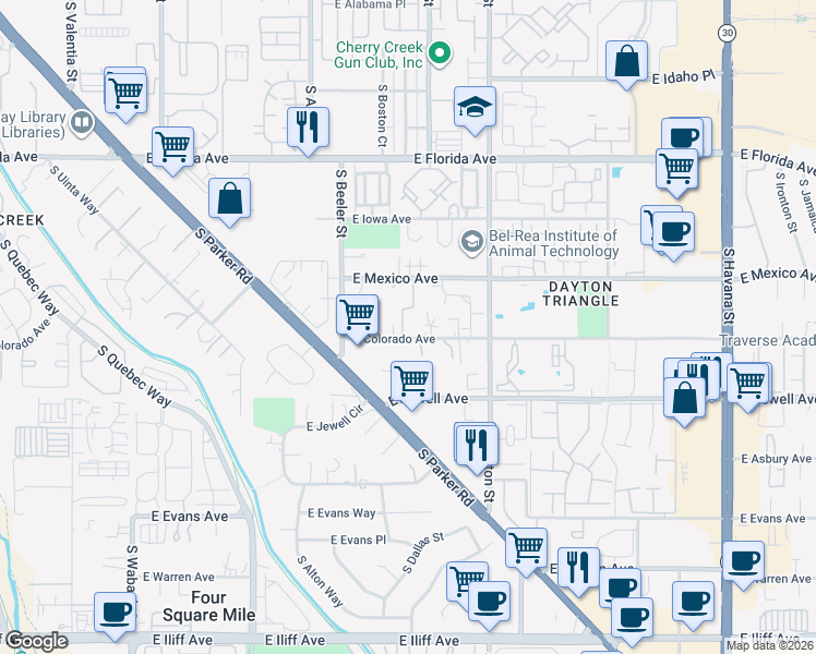 map of restaurants, bars, coffee shops, grocery stores, and more near 9437 East Colorado Avenue in Denver