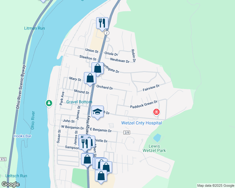 map of restaurants, bars, coffee shops, grocery stores, and more near 801-899 Meadow Dr in New Martinsville