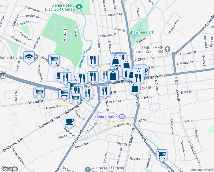 map of restaurants, bars, coffee shops, grocery stores, and more near 245 West Main Street in Xenia