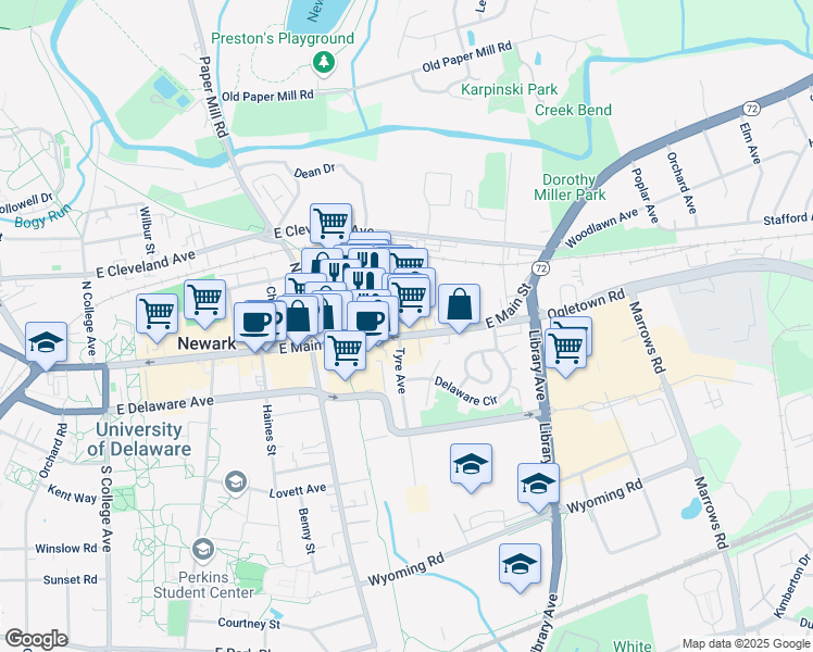 map of restaurants, bars, coffee shops, grocery stores, and more near 70 Delaware 2 in Newark