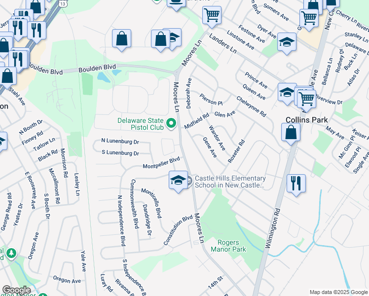 map of restaurants, bars, coffee shops, grocery stores, and more near 621 Moores Lane in New Castle