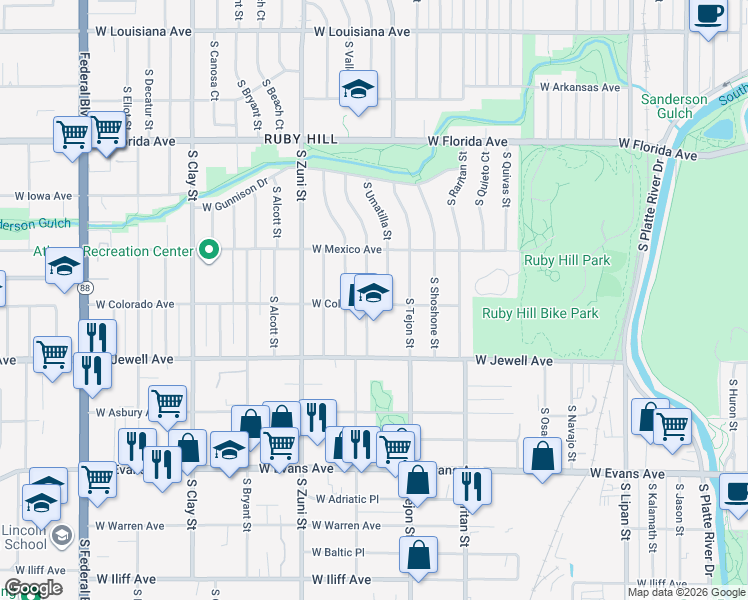 map of restaurants, bars, coffee shops, grocery stores, and more near 1790 South Umatilla Street in Denver