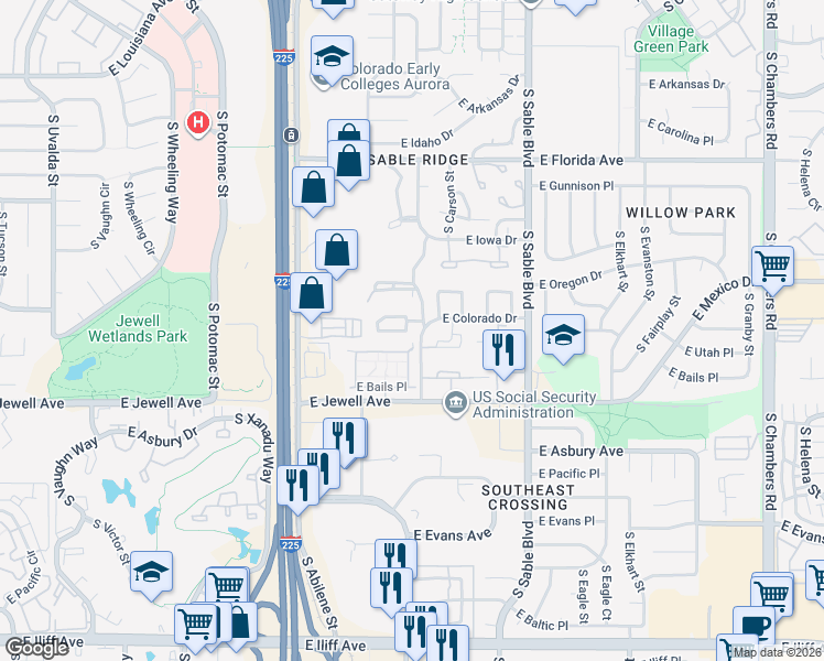 map of restaurants, bars, coffee shops, grocery stores, and more near 14001 East Colorado Drive in Aurora