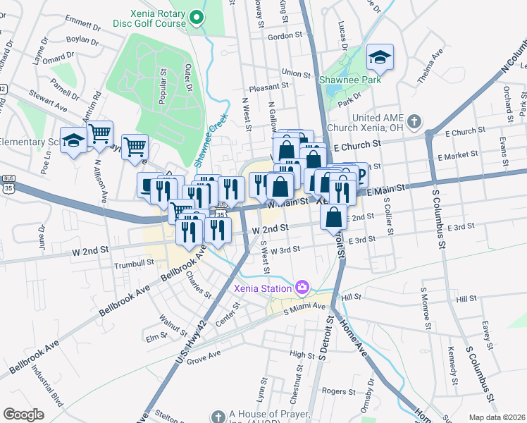 map of restaurants, bars, coffee shops, grocery stores, and more near 245 West Main Street in Xenia