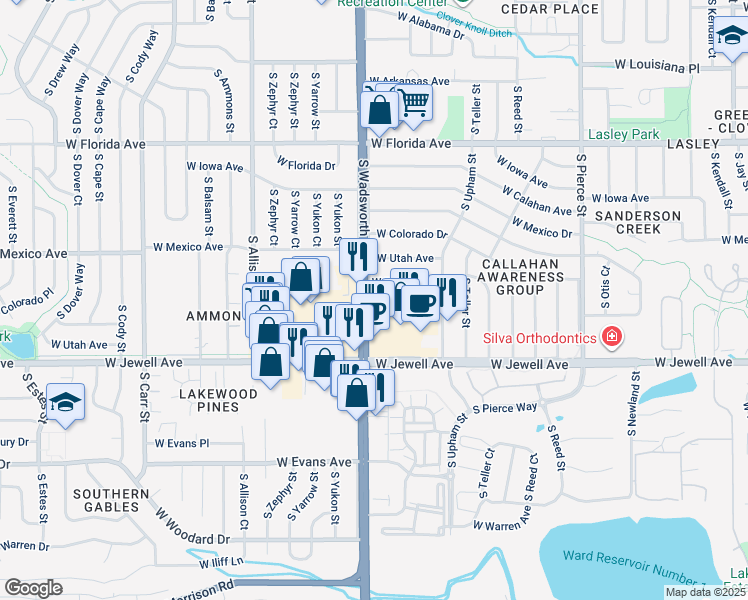 map of restaurants, bars, coffee shops, grocery stores, and more near 1850 South Wadsworth Boulevard in Lakewood