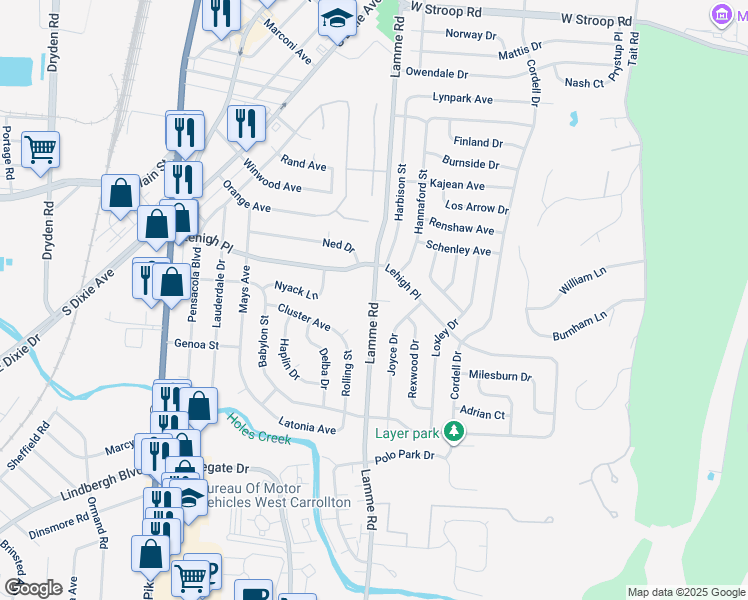 map of restaurants, bars, coffee shops, grocery stores, and more near Lamme Road in Dayton