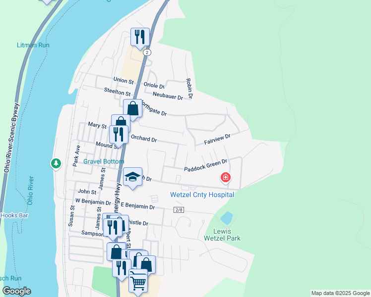 map of restaurants, bars, coffee shops, grocery stores, and more near 820 Allen St in New Martinsville