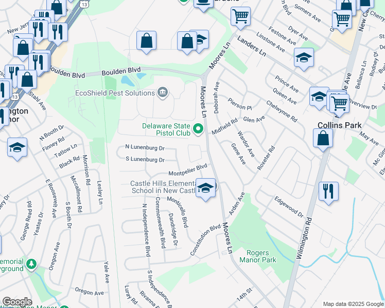 map of restaurants, bars, coffee shops, grocery stores, and more near 600 Moores Lane in New Castle
