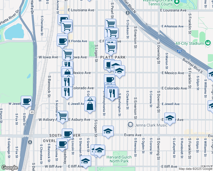 map of restaurants, bars, coffee shops, grocery stores, and more near 1801 South Pennsylvania Street in Denver