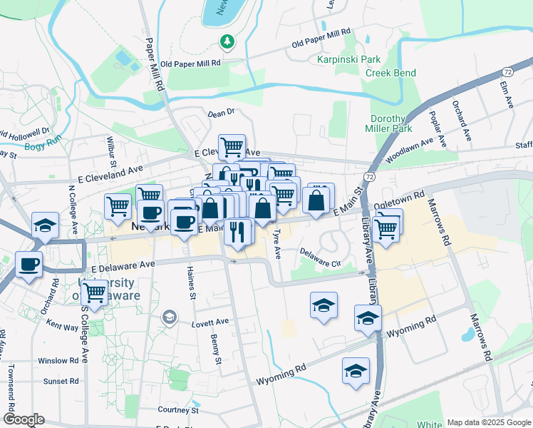 map of restaurants, bars, coffee shops, grocery stores, and more near 70 State Road 2 Bus in Newark
