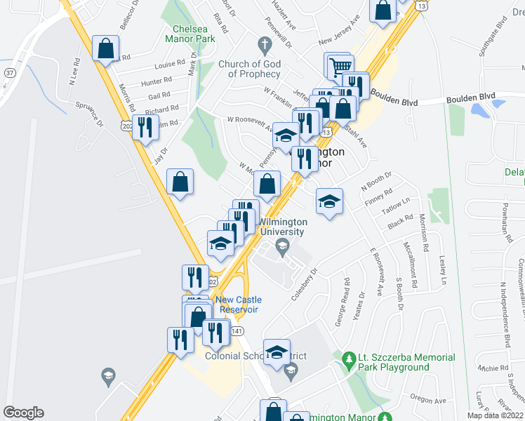 map of restaurants, bars, coffee shops, grocery stores, and more near 98 Garfield Avenue in New Castle