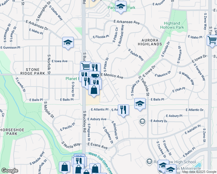 map of restaurants, bars, coffee shops, grocery stores, and more near 1781 South Pitkin Street in Aurora