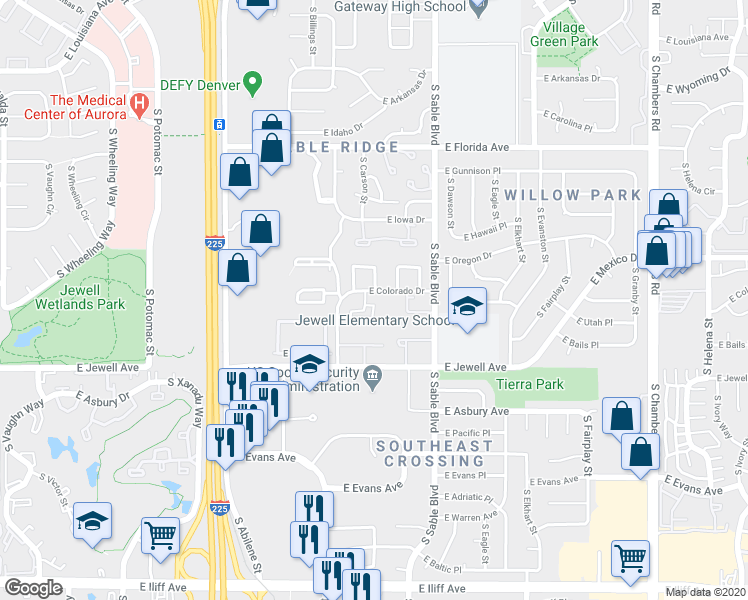 map of restaurants, bars, coffee shops, grocery stores, and more near 14152 East Colorado Drive in Aurora