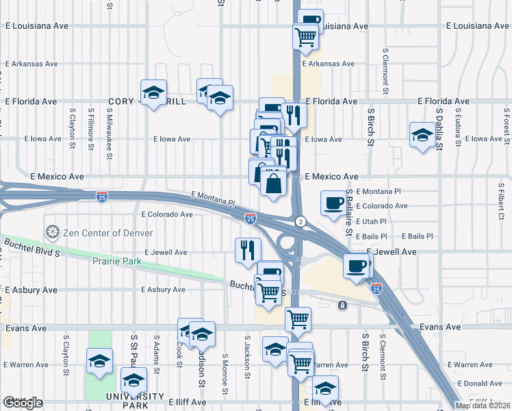 map of restaurants, bars, coffee shops, grocery stores, and more near 1798 South Jackson Street in Denver
