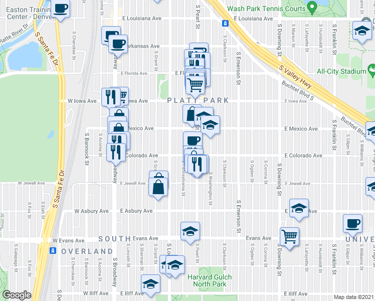 map of restaurants, bars, coffee shops, grocery stores, and more near 1801 South Pennsylvania Street in Denver