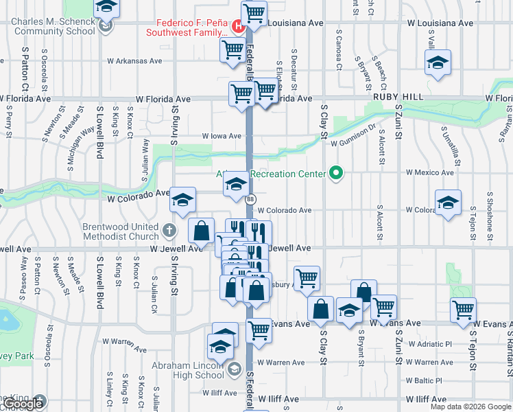 map of restaurants, bars, coffee shops, grocery stores, and more near West Colorado Avenue in Denver