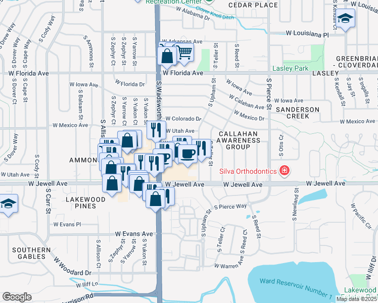 map of restaurants, bars, coffee shops, grocery stores, and more near 1852 South Wadsworth Boulevard in Lakewood