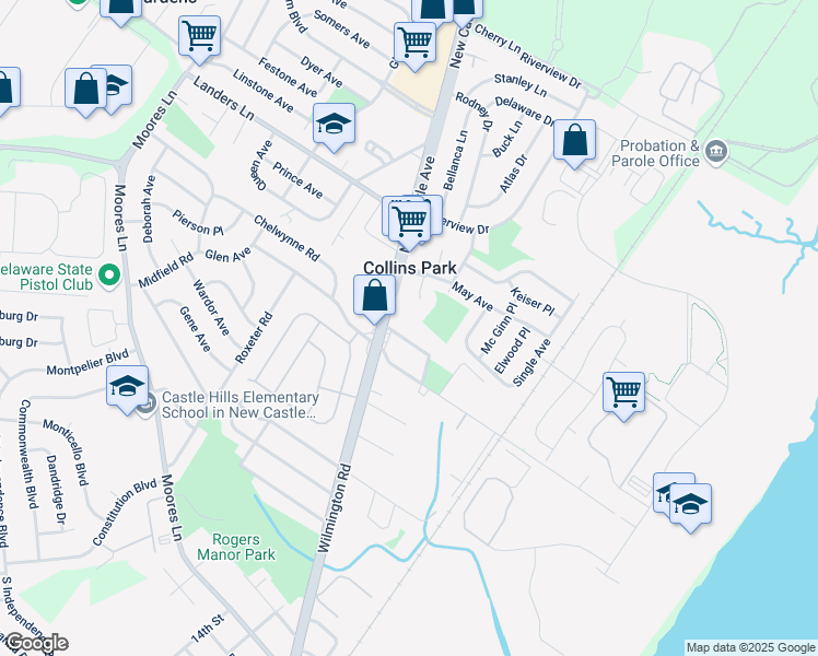 map of restaurants, bars, coffee shops, grocery stores, and more near 15 Arbutus Avenue in New Castle