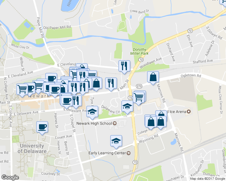 map of restaurants, bars, coffee shops, grocery stores, and more near 54 East Delaware Avenue in Newark