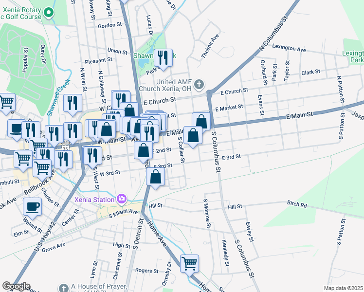 map of restaurants, bars, coffee shops, grocery stores, and more near 145 East 2nd Street in Xenia