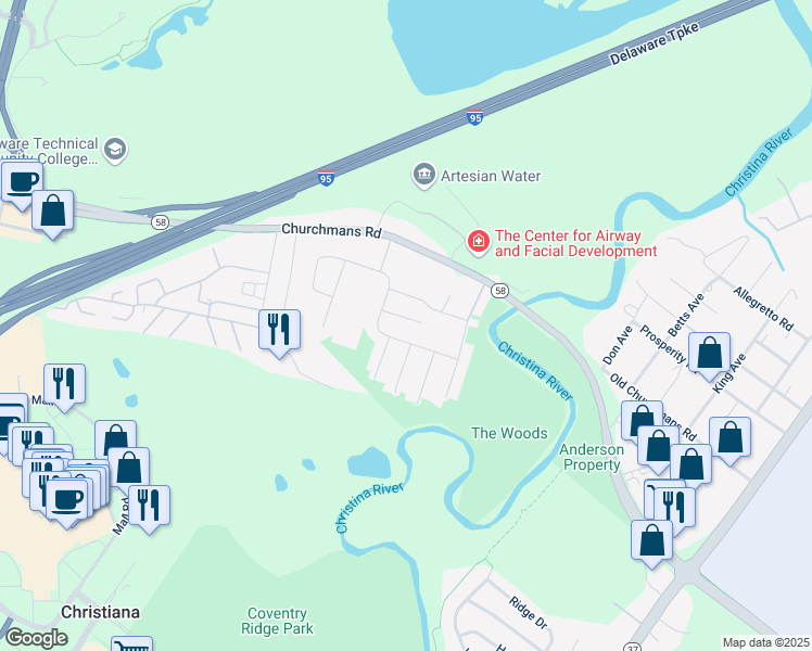 map of restaurants, bars, coffee shops, grocery stores, and more near 223 East Seneca Drive in Newark
