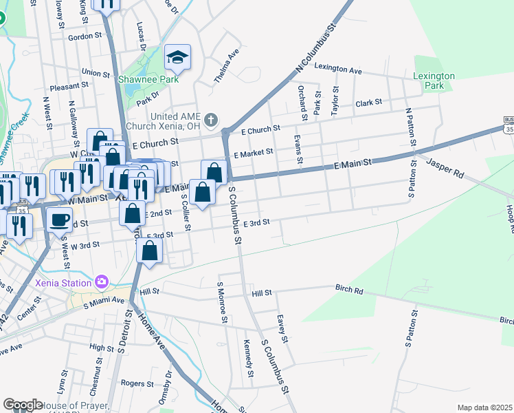 map of restaurants, bars, coffee shops, grocery stores, and more near 406 East 3rd Street in Xenia
