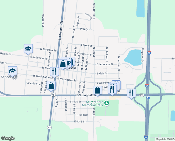 map of restaurants, bars, coffee shops, grocery stores, and more near 407 East Main Street in Arcola