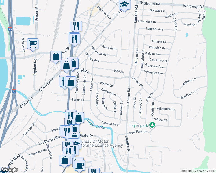 map of restaurants, bars, coffee shops, grocery stores, and more near 2620 Nyack Lane in Dayton