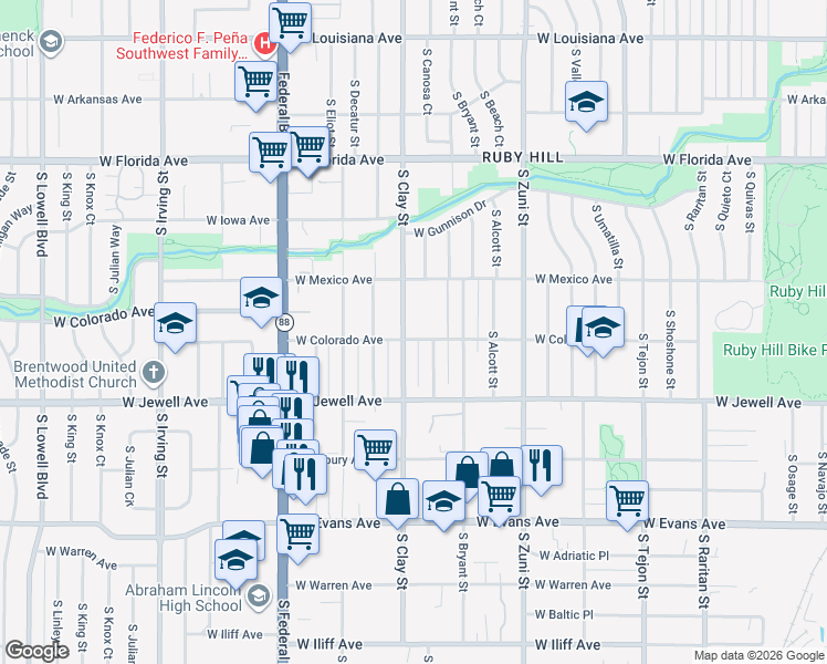map of restaurants, bars, coffee shops, grocery stores, and more near 1807 South Canosa Court in Denver