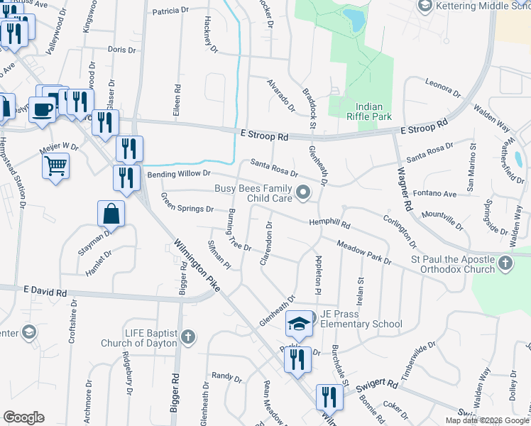 map of restaurants, bars, coffee shops, grocery stores, and more near 4161 Clarendon Drive in Dayton