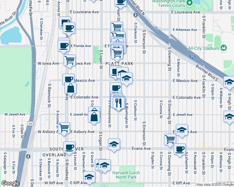 map of restaurants, bars, coffee shops, grocery stores, and more near 1775 South Pearl Street in Denver