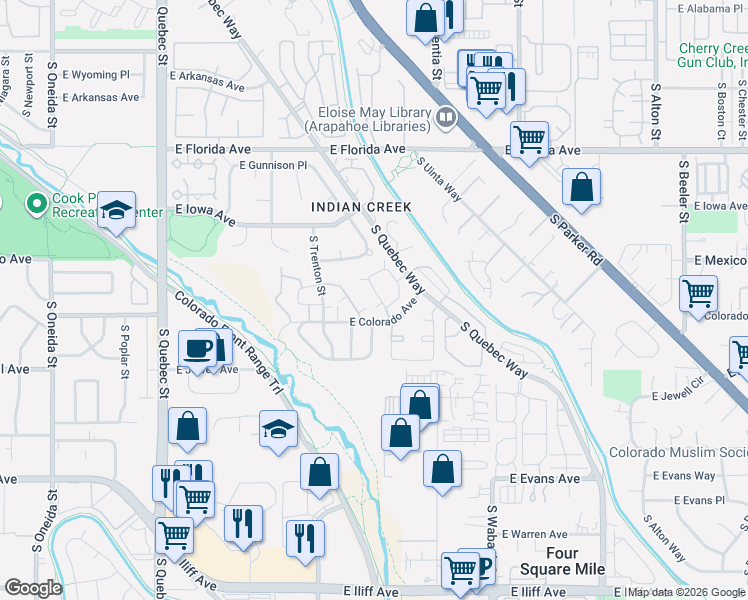 map of restaurants, bars, coffee shops, grocery stores, and more near 8131 East Colorado Avenue in Denver