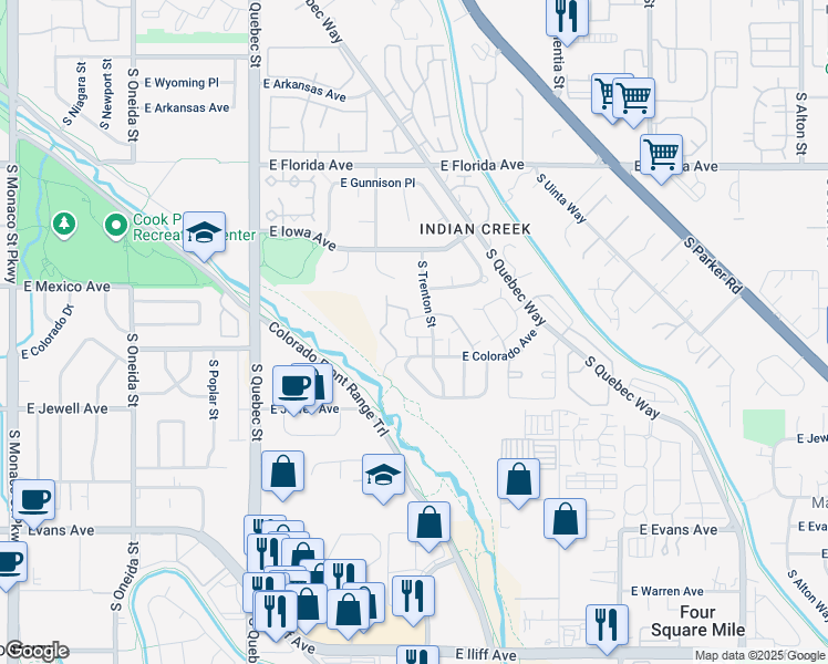 map of restaurants, bars, coffee shops, grocery stores, and more near 1699 South Trenton Street in Denver