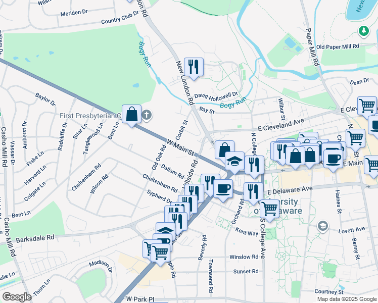 map of restaurants, bars, coffee shops, grocery stores, and more near West Main Street in Newark