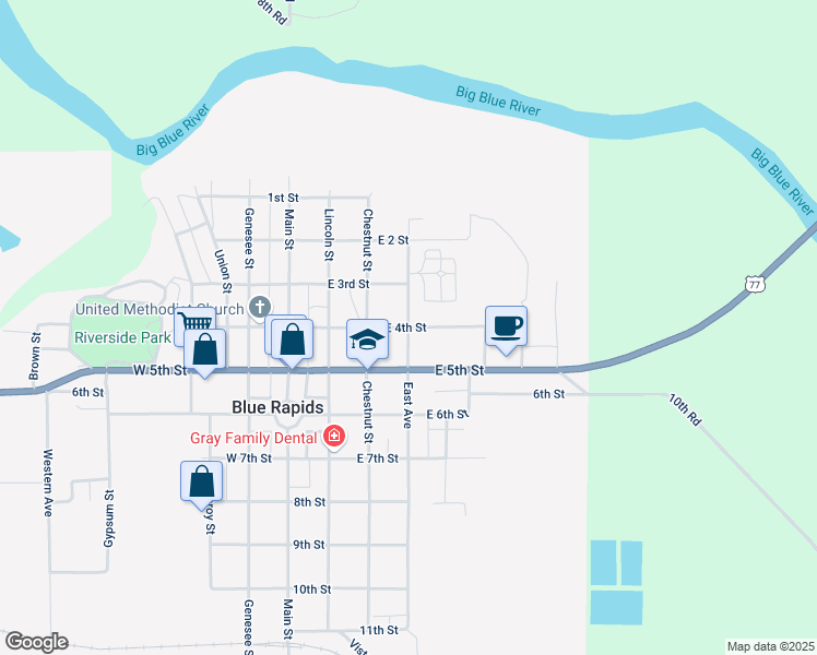 map of restaurants, bars, coffee shops, grocery stores, and more near East 4th Street in Blue Rapids