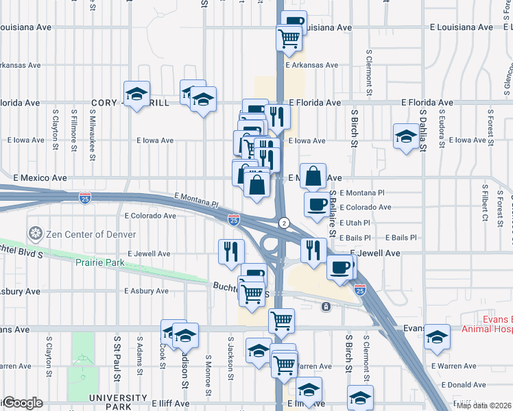 map of restaurants, bars, coffee shops, grocery stores, and more near 1777 South Harrison Street in Denver