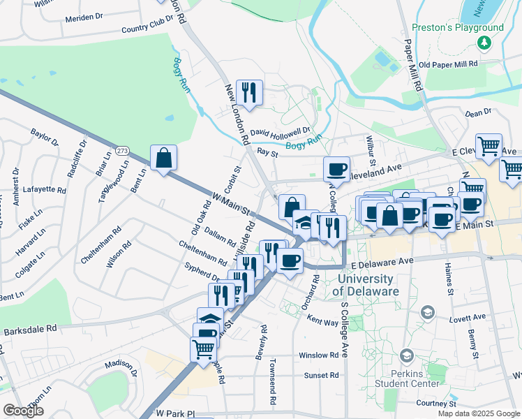 map of restaurants, bars, coffee shops, grocery stores, and more near 166 West Main Street in Newark
