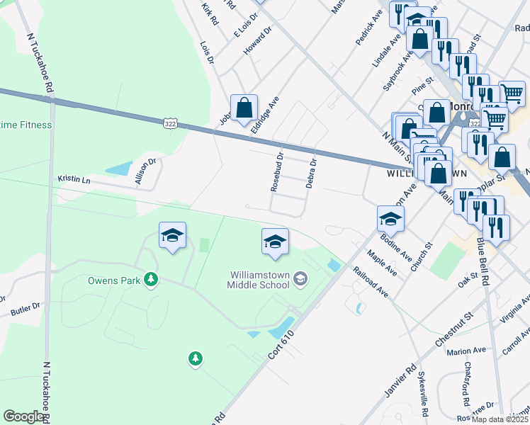 map of restaurants, bars, coffee shops, grocery stores, and more near 725 Debra Drive in Monroe